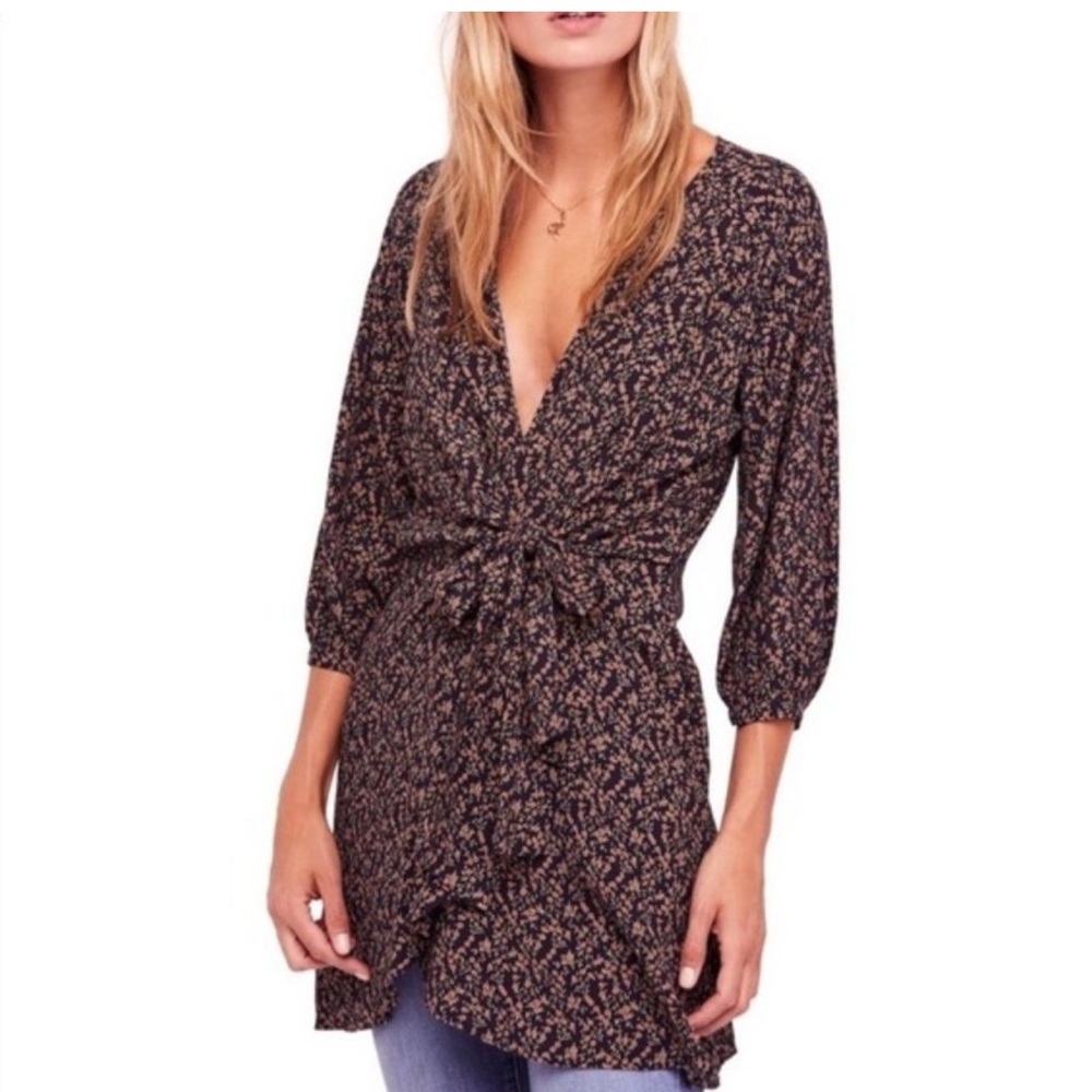 Free People Black Floral Tunic Top / Mini Dress / Wrap